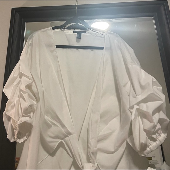 WORN ONCE White Rushed Lantern Sleeve Wrap Blouse - Picture 5 of 11